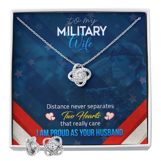 To Military Wife - Distance never separates - Love Knot Necklace & Earring Set