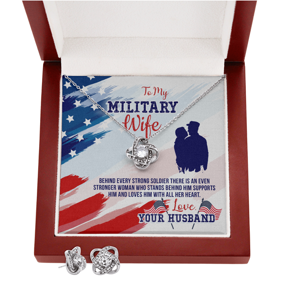 To Military Wife - Behind every strong - Love Knot Necklace & Earring Set