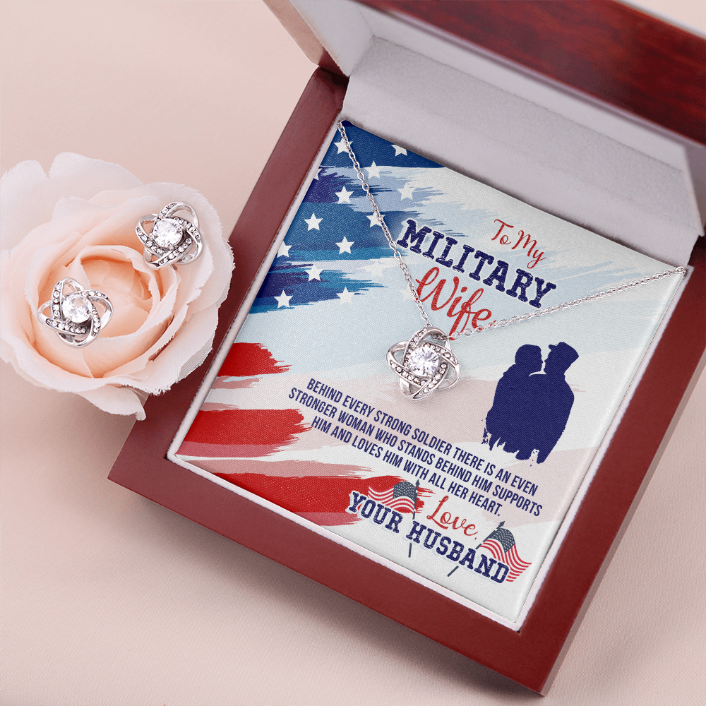 To Military Wife - Behind every strong - Love Knot Necklace & Earring Set