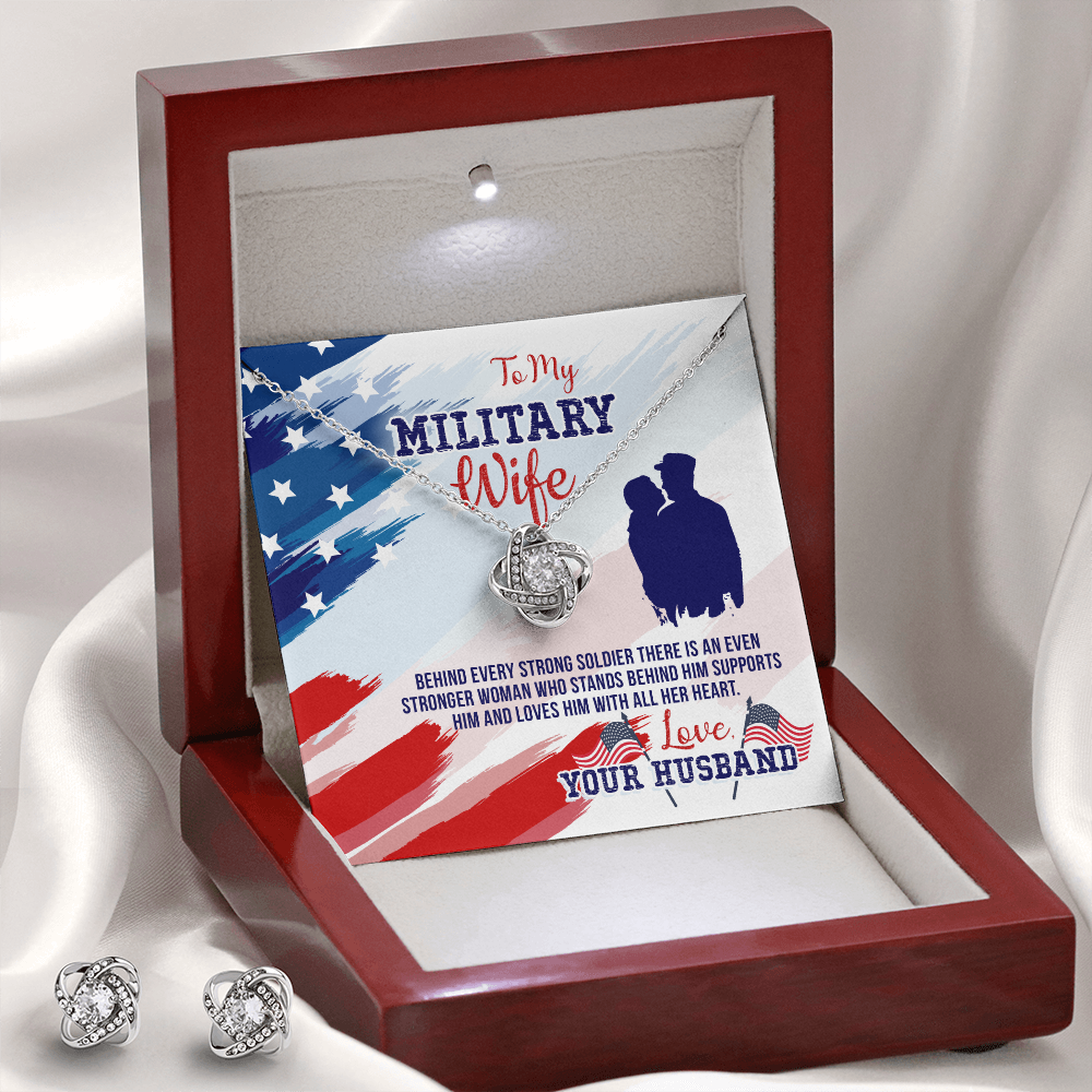 To Military Wife - Behind every strong - Love Knot Necklace & Earring Set